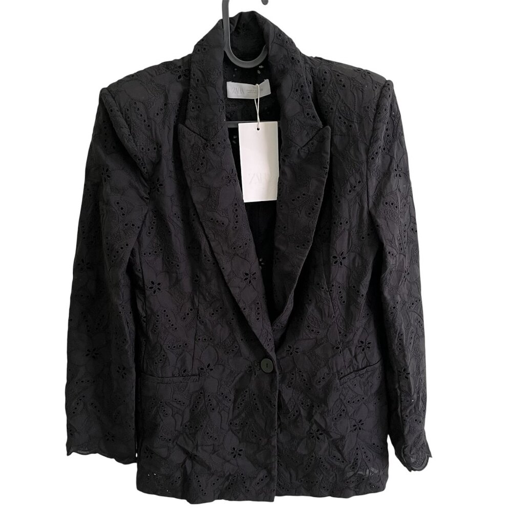 Zara Black Embroidered Eyelet Blazer Medium Organic Cotton Chic Elevated Basics - Picture 6 of 13